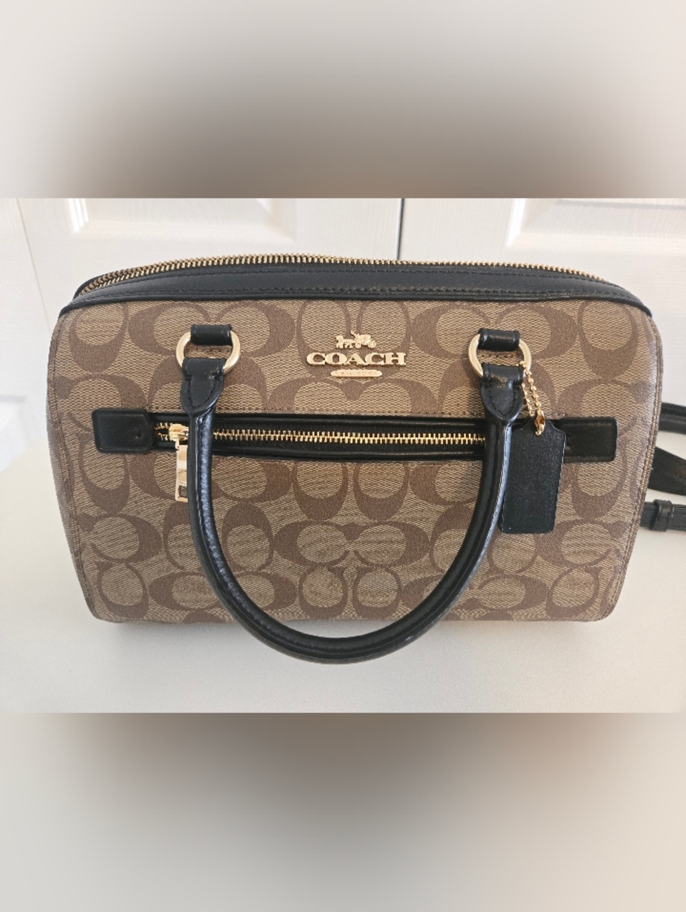 Coach Brown Signature Canvas Satchel with Black Trim MEDIUM ROWAN